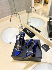 SL RHINESTONE HEELED SANDALS COBALT SATIN