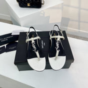 SL Cassandra Croc-Embossed Thong Sandals Black White Leather