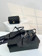 SL Cassandra Croc-Embossed Thong Sandals Black Leather