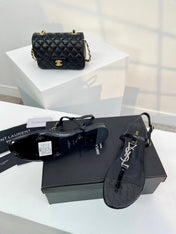 SL Cassandra Croc-Embossed Thong Sandals Black Leather