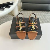 Yves SL Buckle Women Sandals Black Tan Leather