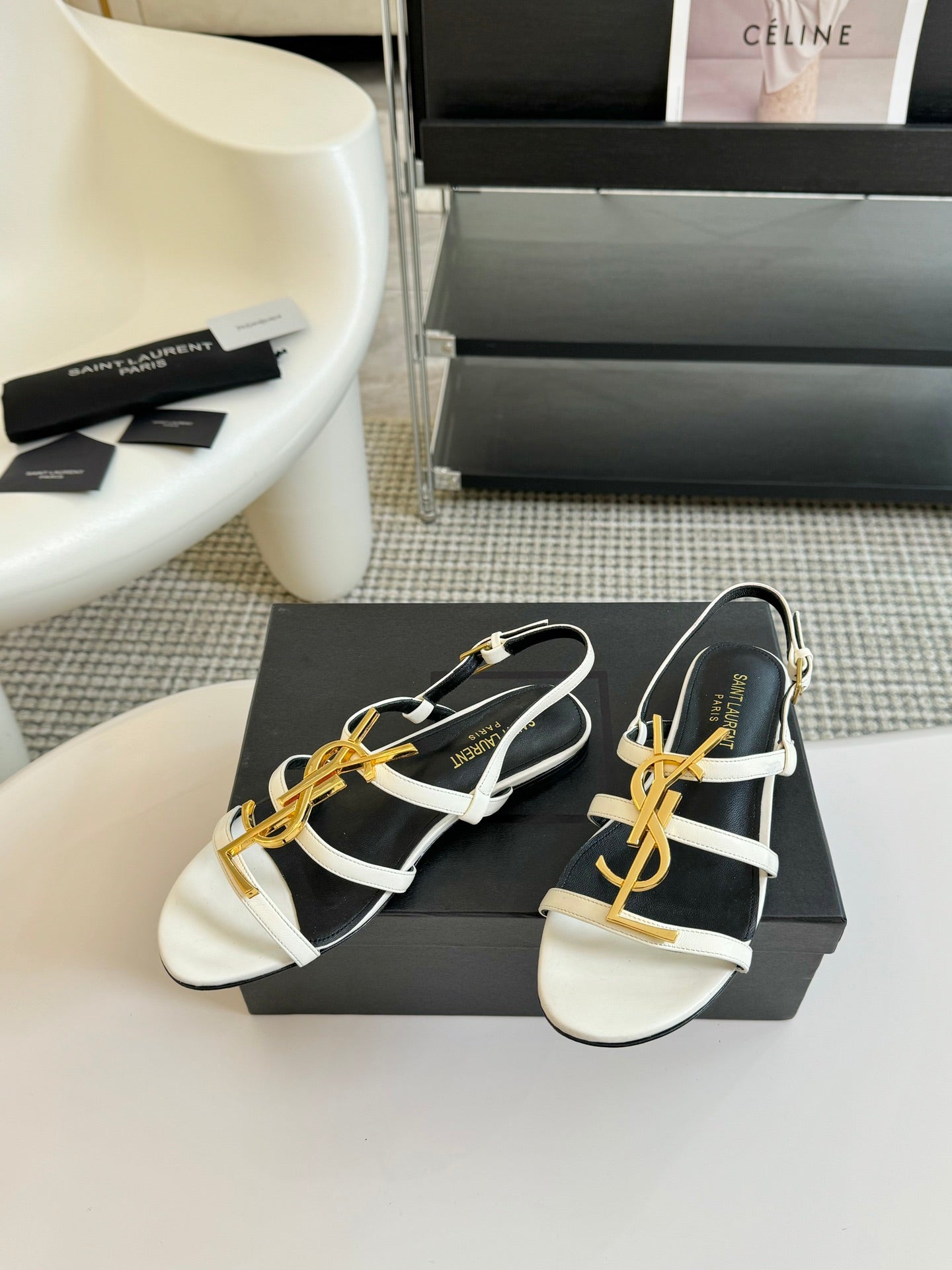 Yves SL Buckle Women Sandals Black White Leather