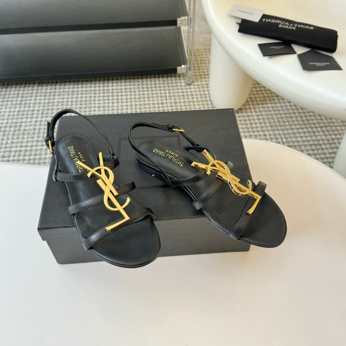 SL CASSANDRA TRIPLE SANDAL FLAT BLACK CALFSKIN