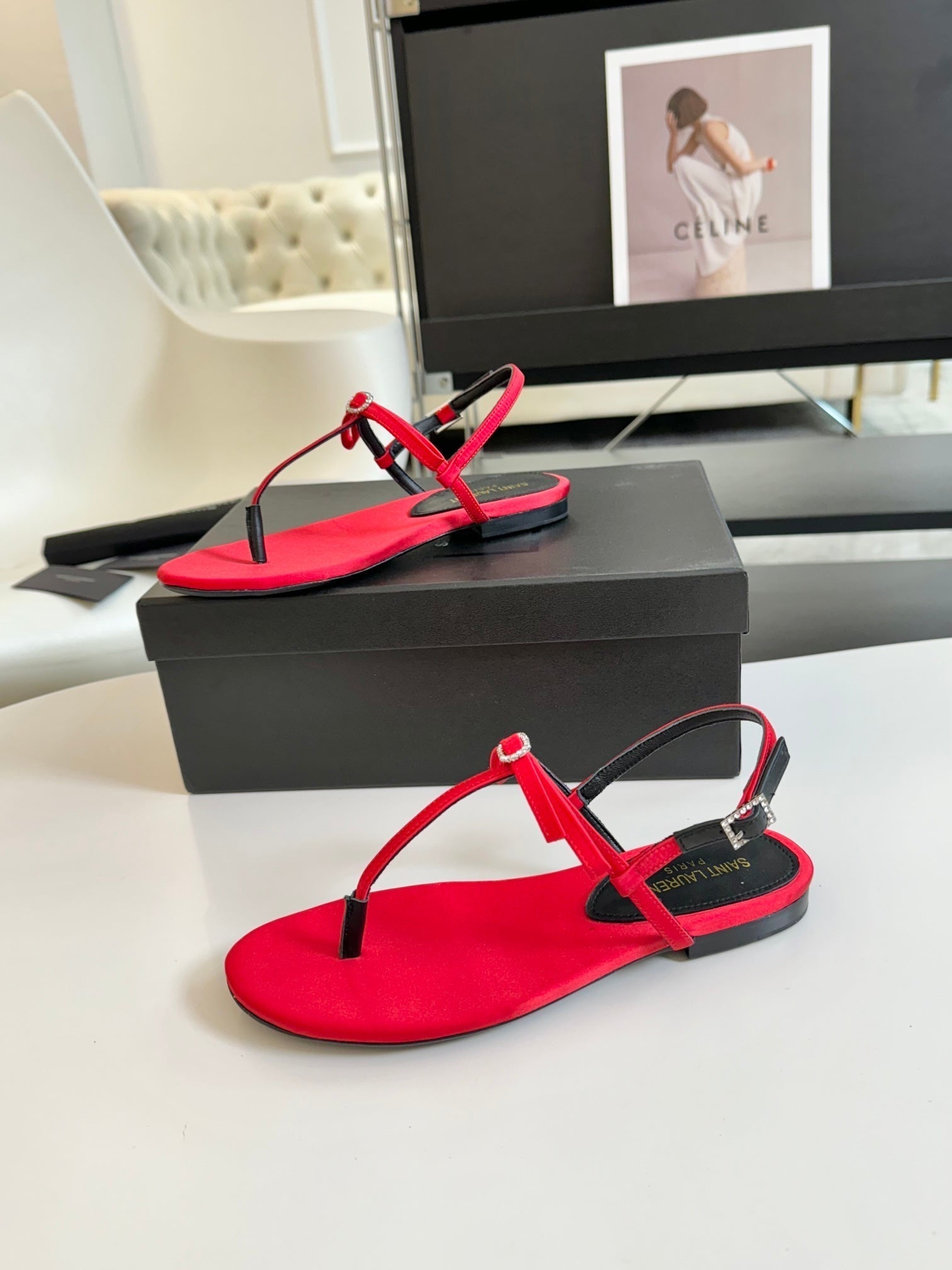SL Silk Bow T-Strap Flat Sandals Red Leather