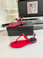 SL CRYSTAL T-STRAP FLAT SANDAL RED SATIN