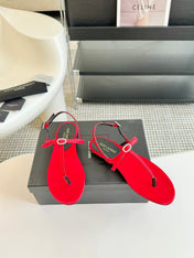SL CRYSTAL T-STRAP FLAT SANDAL RED SATIN
