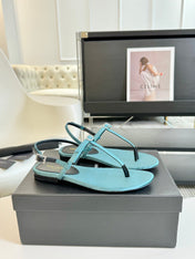 SL Silk Bow T-Strap Flat Sandals Cloud Blue Leather
