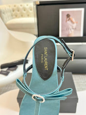 SL Silk Bow T-Strap Flat Sandals Cloud Blue Leather