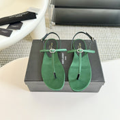SL Silk Bow T-Strap Flat Sandals Green Leather