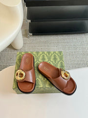 WOMEN'S SLIPPER IN BRONZE BROWN CALFSKIN WITH GOLD HARDWARE