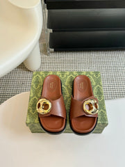 WOMEN'S SLIPPER IN BRONZE BROWN CALFSKIN WITH GOLD HARDWARE