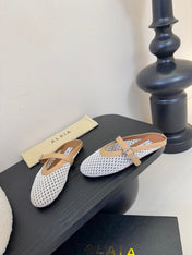ALAIA FLAT MULES 25S IN WHITE MIX BROWN WOVEN MESH