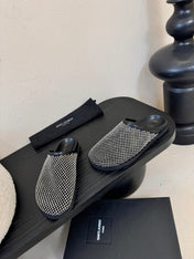 YSL 26S MESH MULES IN BLACK CALFSKIN AND WITH RHINESTONES