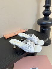 MIUMIU 26S IVETTE WOVEN HEELED SANDALS 40MM IN WHITE CALFSKIN