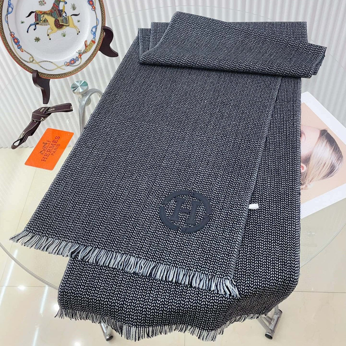 GRANITE MUFFLER 180 CM SCARF IN MARINE MIX BLEU MOYEN CASHMERE