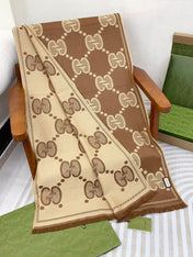 DOUBLE-SIDED SCARF 200 CM IN COFFEE AND TAN BROWN WOOL AND SILK  398287