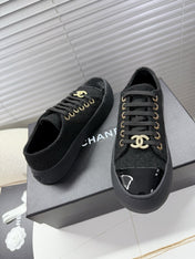 CHANEL 25S TRAINERS BLACK 35MM IN GLITTERED TWEED AND PATENT CALFSKIN