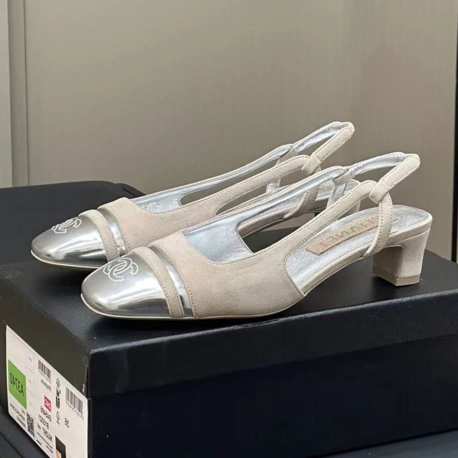 SLINGBACKS IN GREY SUEDE AND SILVER LAMBSKIN