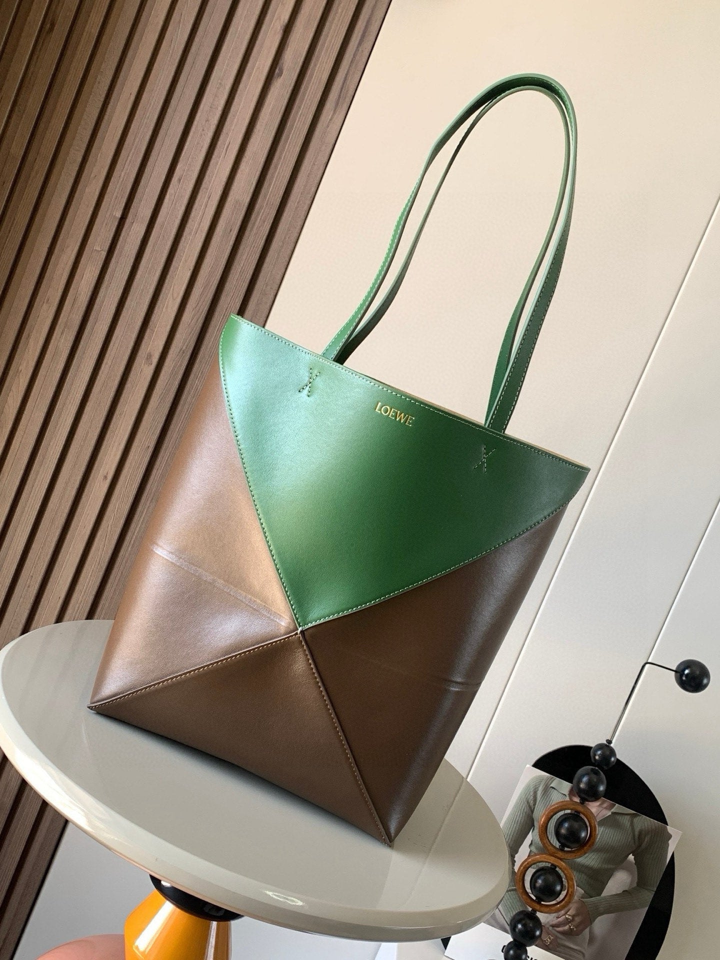 LOEWE 25S PUZZLE FOLD BAG 31 IN AMBER HUNTER GREEN SHINY CALFSKIN