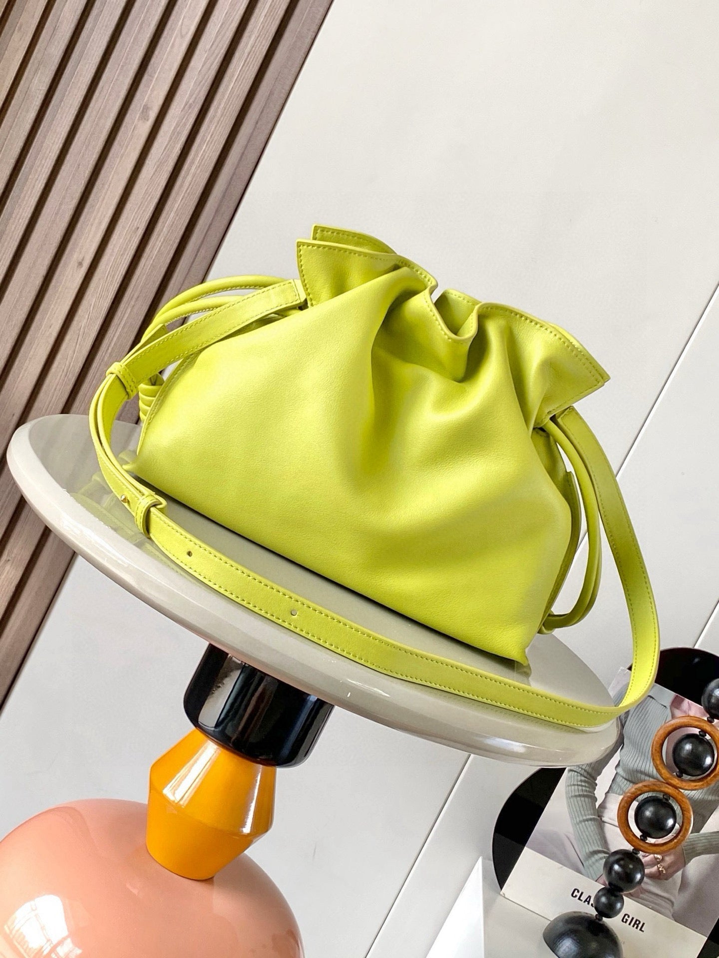 LOEWE 25S LARGE FLAMENCO CLUTCH BAG 30 IN LIME GOLD CALFSKIN