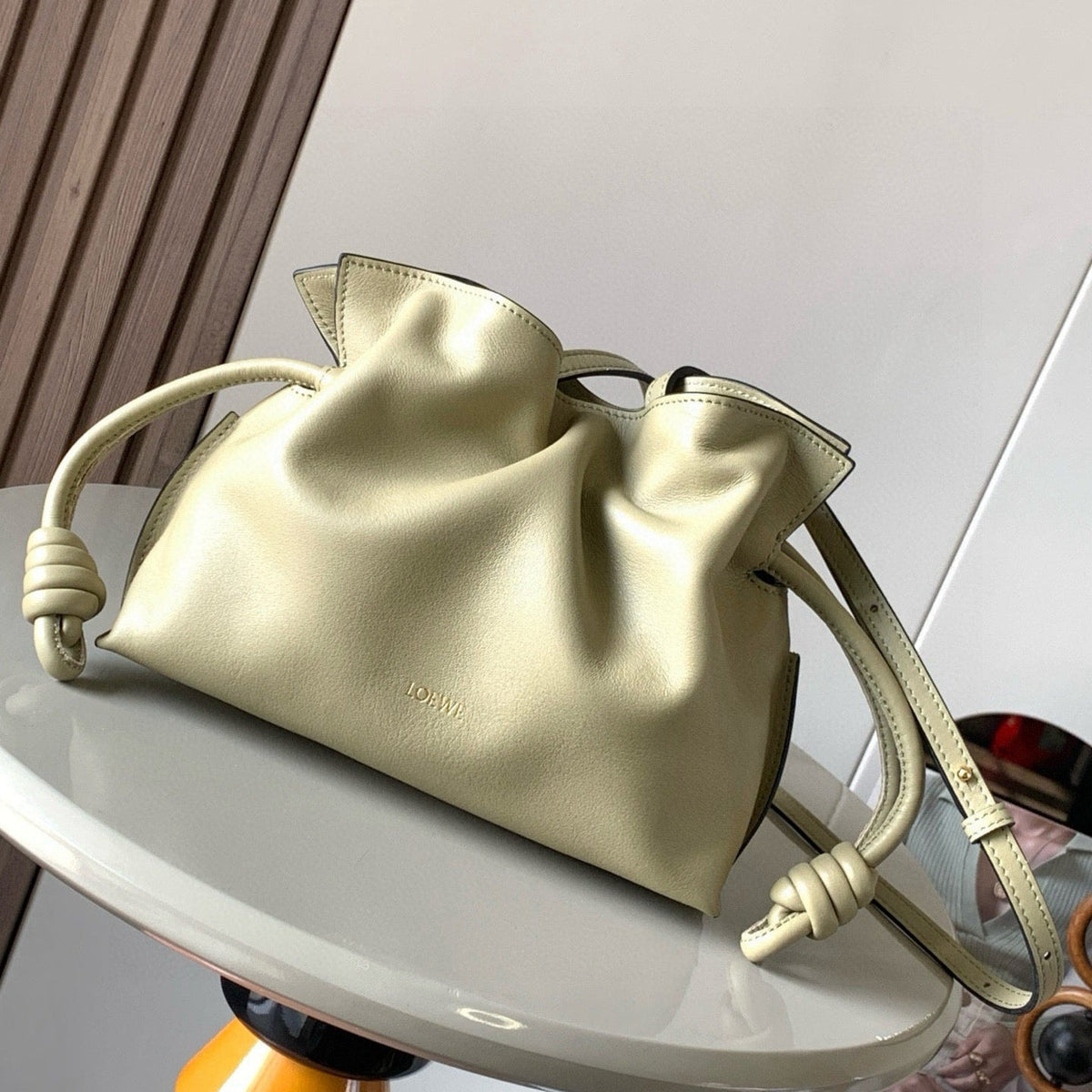 LOEWE 25S MEDIUM FLAMENCO CLUTCH BAG 23 IN DUSTY KHAKI CALFSKIN