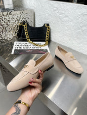 PRADA 26S CLASSIC LOAFERS IN NUDE BEIGE LOGO SUEDE