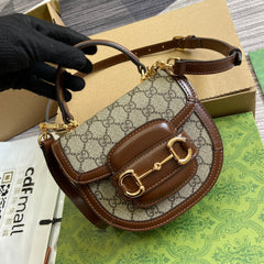 HORSEBIT 1955 MINI TOP HANDLE BAG 18 IN BEIGE CANVAS AND BROWN CALFSKIN GOLD HARDWARE