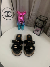 CHANEL 26S SLIDE SANDALS IN BLACK VELVET AND CALFSKIN WITH ROPE SOLE GOLD HARDWARE