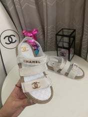 CHANEL 26S STRAPPY SANDALS IN WHITE VELVET WITH ROPE SOLE GOLD HARDWARE