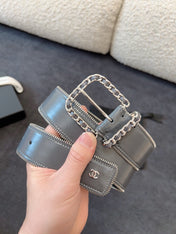 BELT 40MM IN GRAY CALFSKIN WITH INTERWOVEN CHAIN BUCKLE ZIPPER IN TRIM SILVER HARDWARE
