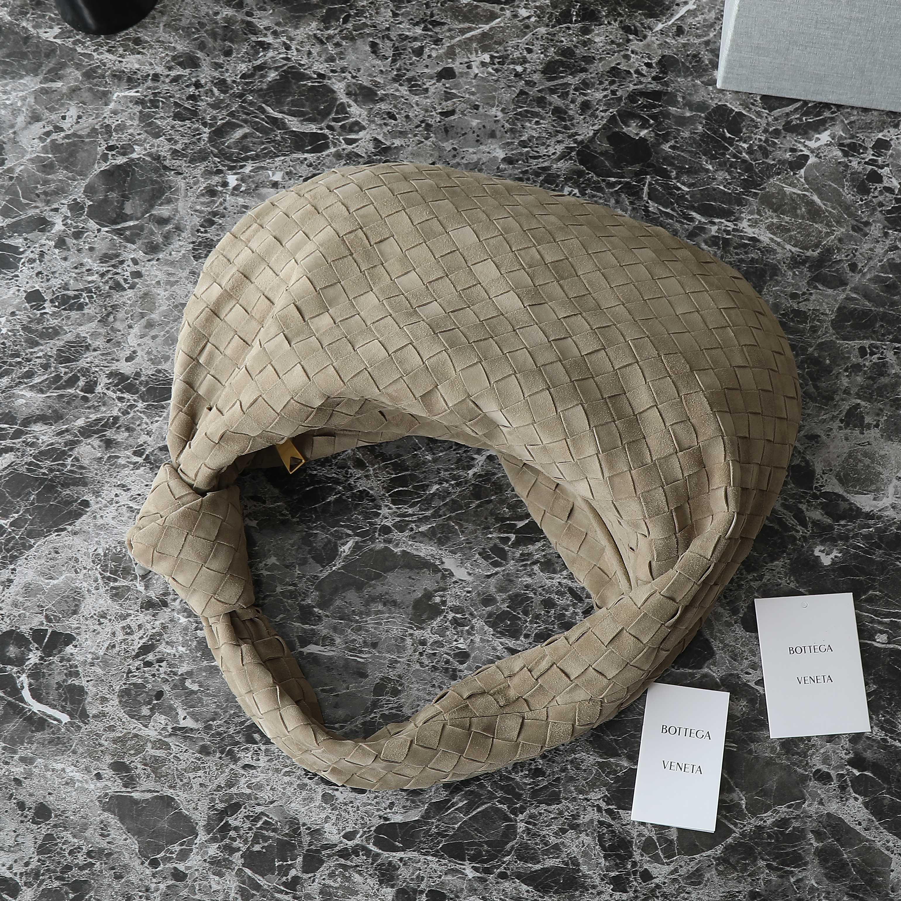 BOTTEGA VENETA 25S SMALL JODIE 48 IN MUTED TAUPE SUEDE GOLD HARDWARE