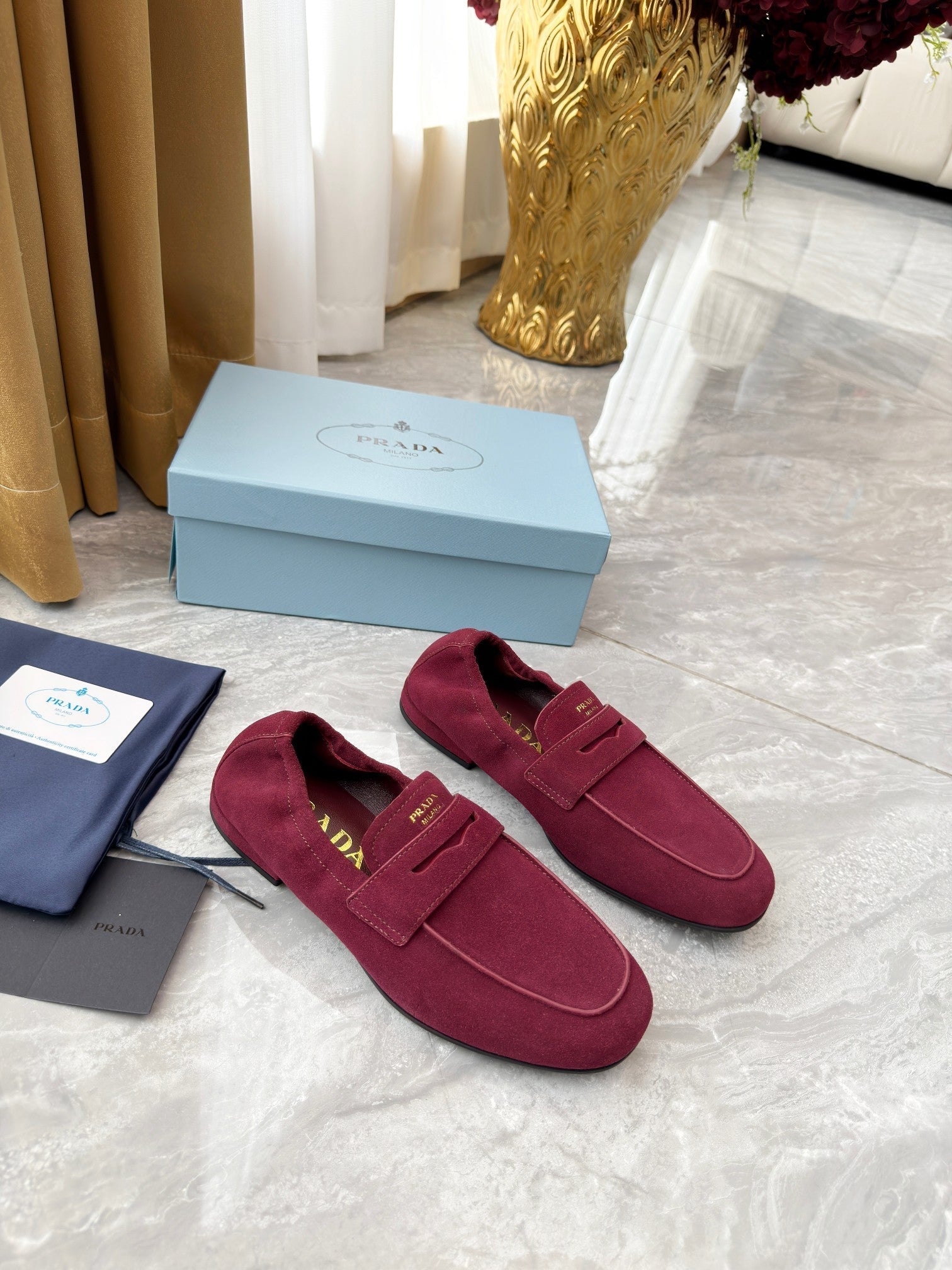PRADA 25S LOAFERS IN DARK RED SUEDE