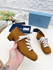 PRADA 25S MARY JANE SHOES 55 MM IN DARK CARAMEL BROWN CANVAS FABRIC