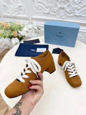 PRADA 25S MARY JANE SHOES 55 MM IN DARK CARAMEL BROWN CANVAS FABRIC