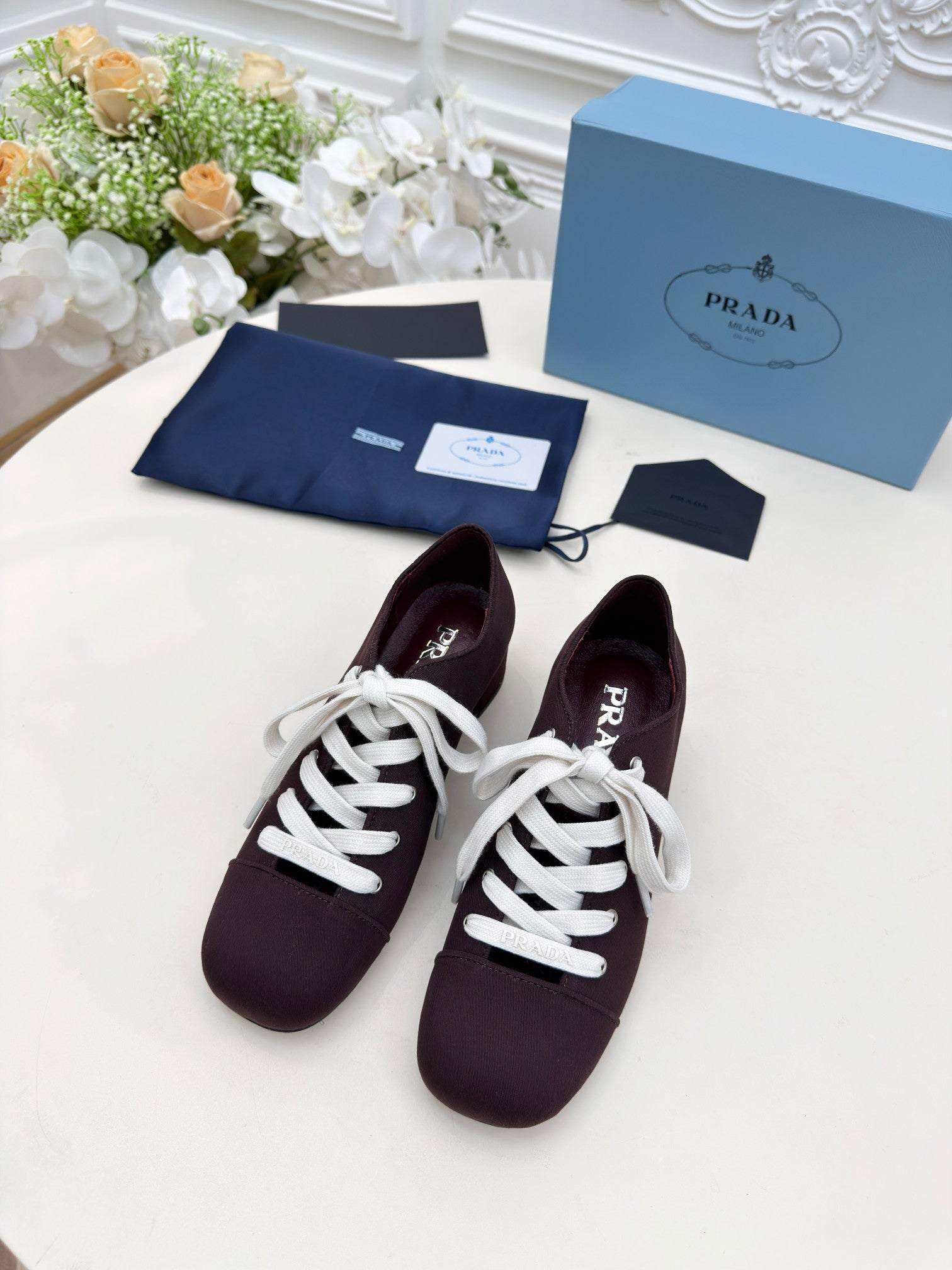 PRADA 25S MARY JANE SHOES 55 MM IN DEEP WINE BROWN CANVAS FABRIC