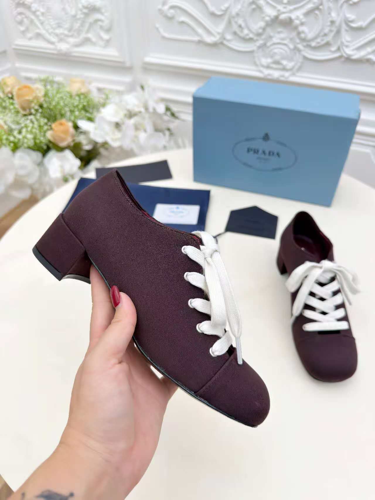 PRADA 25S MARY JANE SHOES 55 MM IN DEEP WINE BROWN CANVAS FABRIC