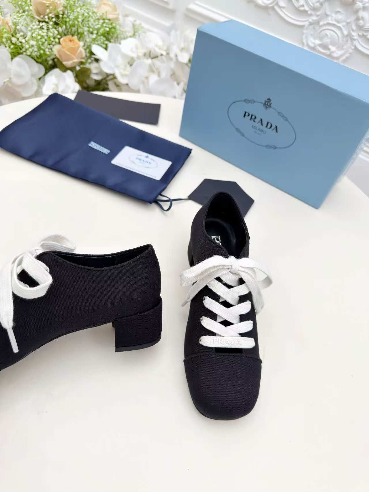 PRADA 25S MARY JANE SHOES 55 MM IN BLACK CANVAS FABRIC