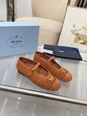 PRADA 26S MARY JANE FLATS IN CARAMEL BROWN WOVEN RAFFIA WITH TRIANGLE LOGO