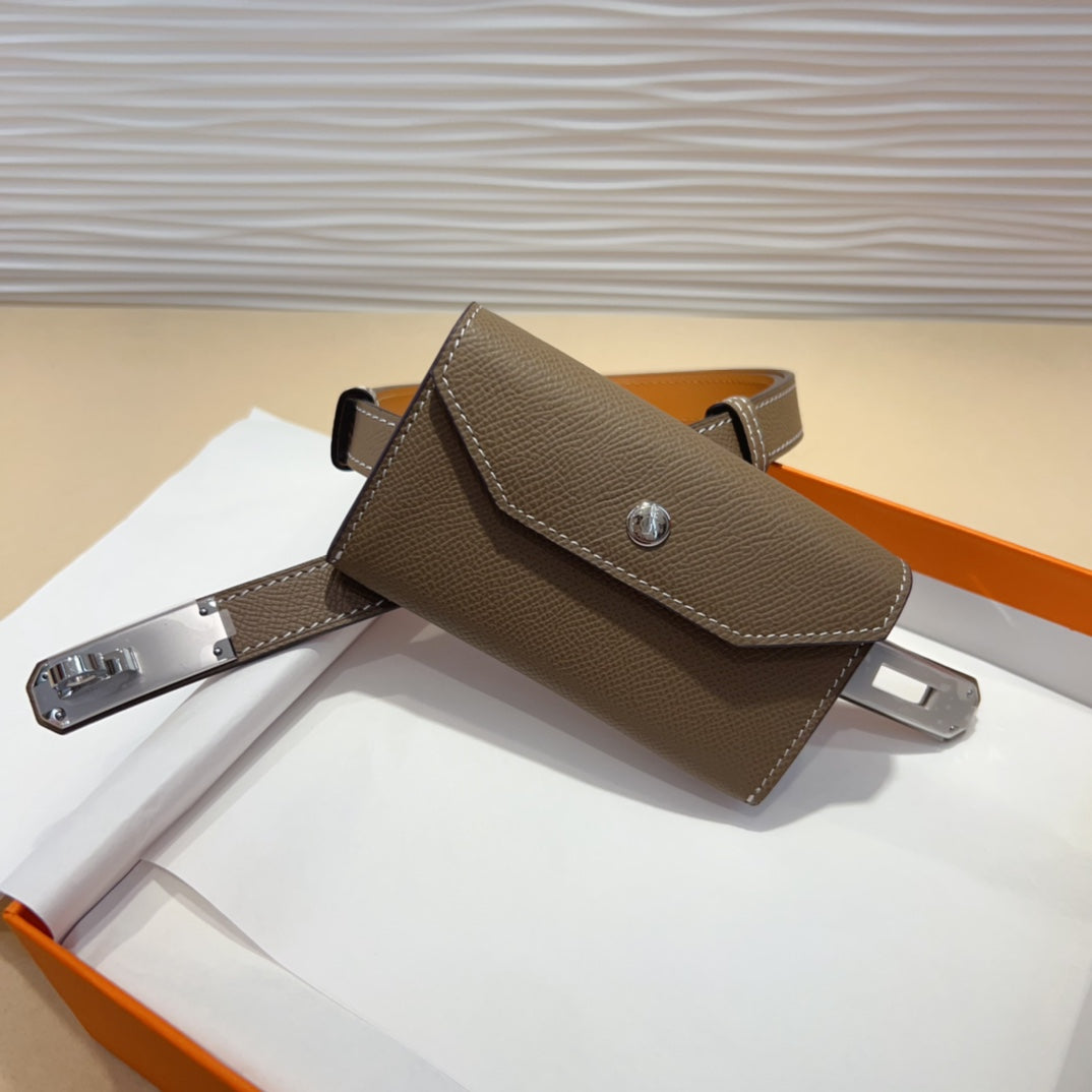 HM KELLY POCKET 18MM BELT CHOCOLATE BROWN LEATHER SILVER HARDWARE