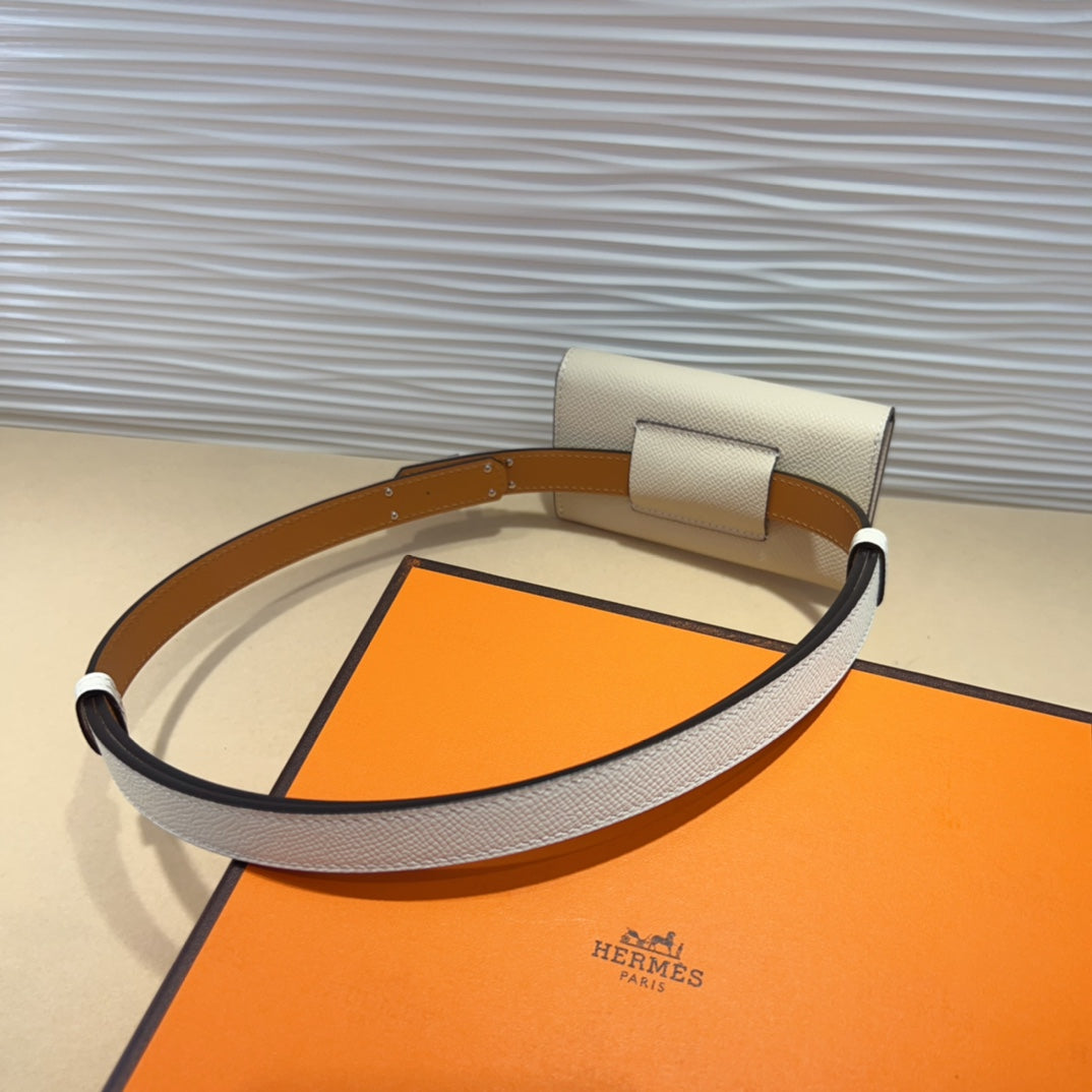 HM KELLY WHITE POCKET 18MM BELT LEATHER SILVER HARDWARE