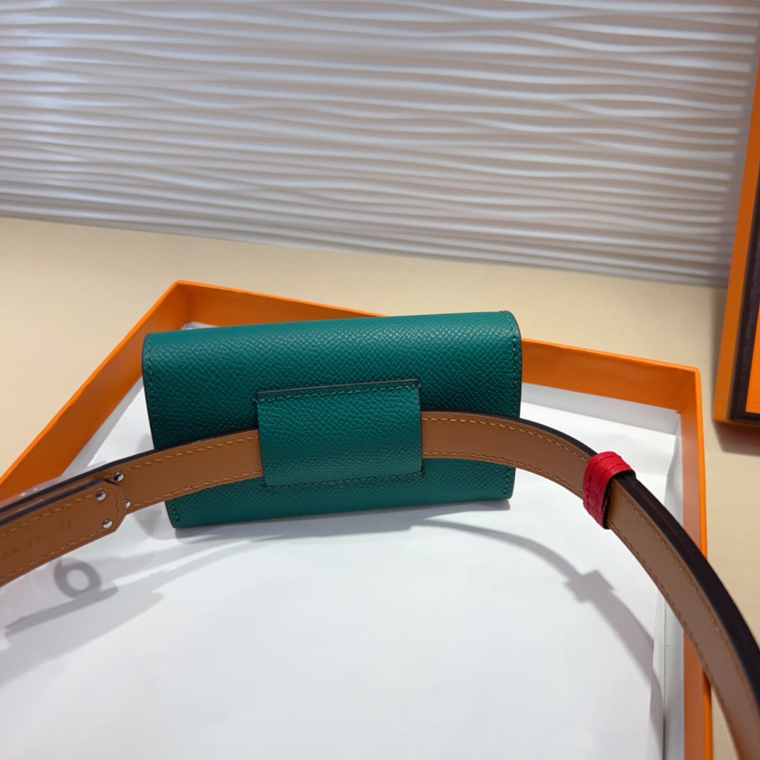 HM KELLY TEAL GREEN POCKET 18MM BELT CHERRY RED LEATHER SILVER HARDWARE