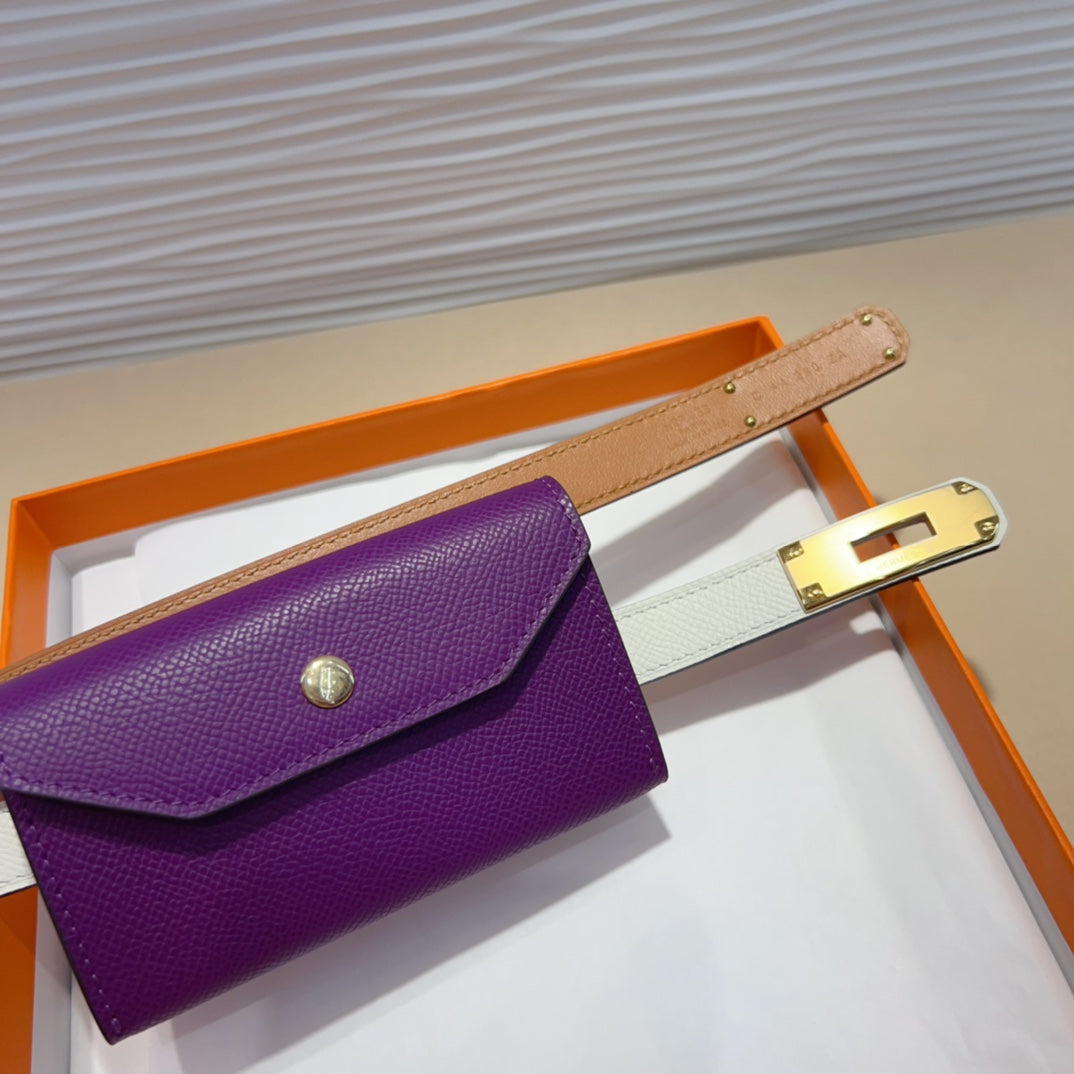 HM KELLY VIOLET PURPLE POCKET 18MM BELT WHITE LEATHER GOLD HARDWARE
