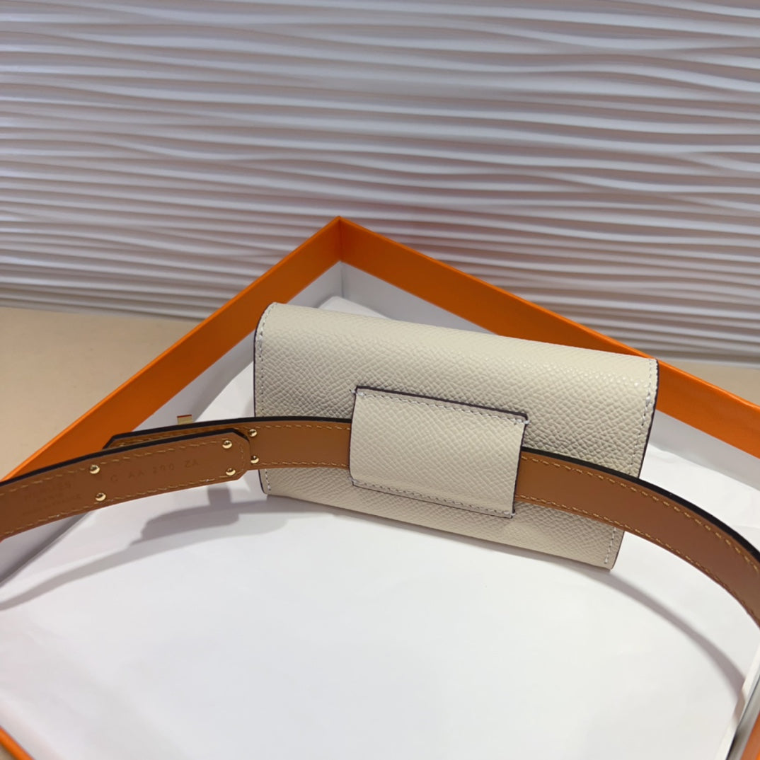 HM KELLY POCKET 18MM BELT WHITE LEATHER GOLD HARDWARE