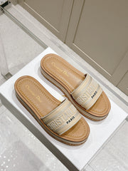 DWAY WEDGE SLIDES 45MM IN BEIGE FABRIC RAFFIA SOLE