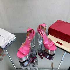 HIGH SANDAL 14CM IN BRIGHT PINK CALFSKIN AND TRANSPARENT PVC