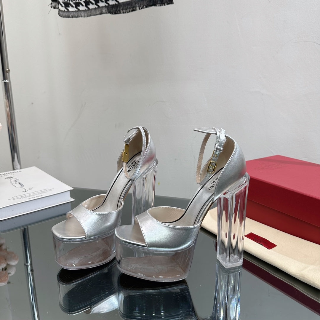 HIGH SANDAL 14CM IN SILVER CALFSKIN AND TRANSPARENT PVC