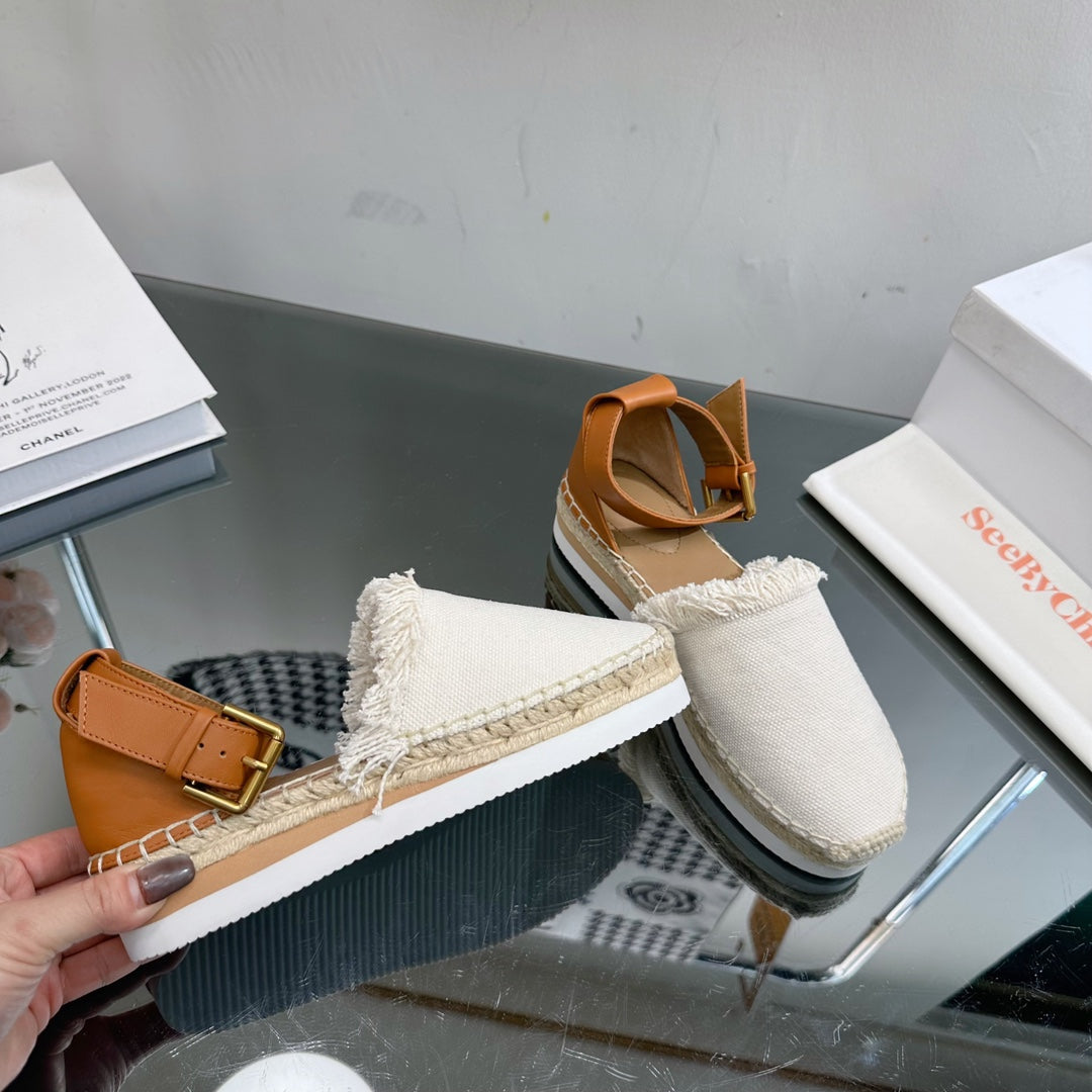 SEE BY ESPADRILLES SANDAL IN WHITE FABRIC AND BRONZE BROWN CALFSKIN