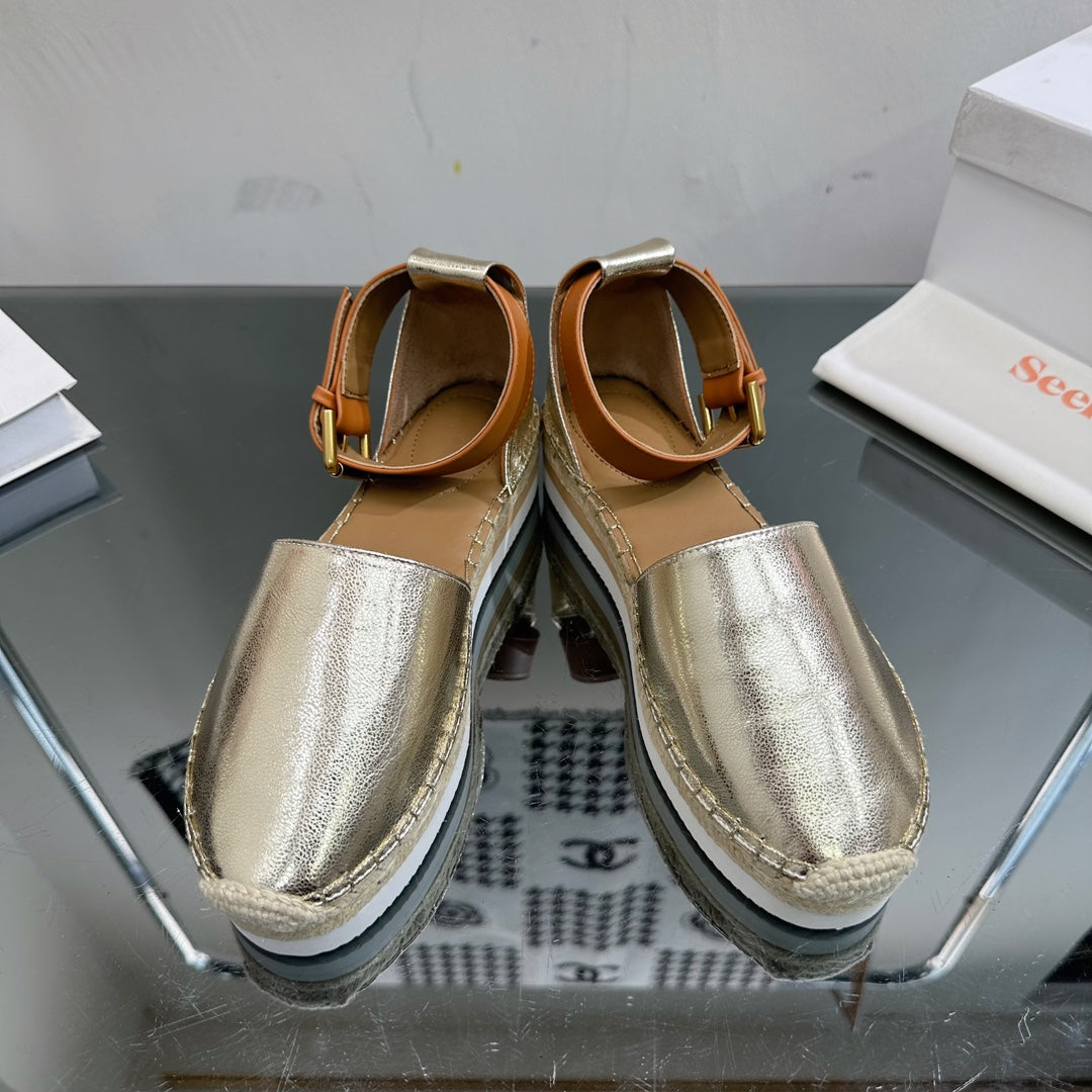 SEE BY ESPADRILLES SANDAL IN LIGHT GOLD CALFSKIN AND WOVEN RAFFIA