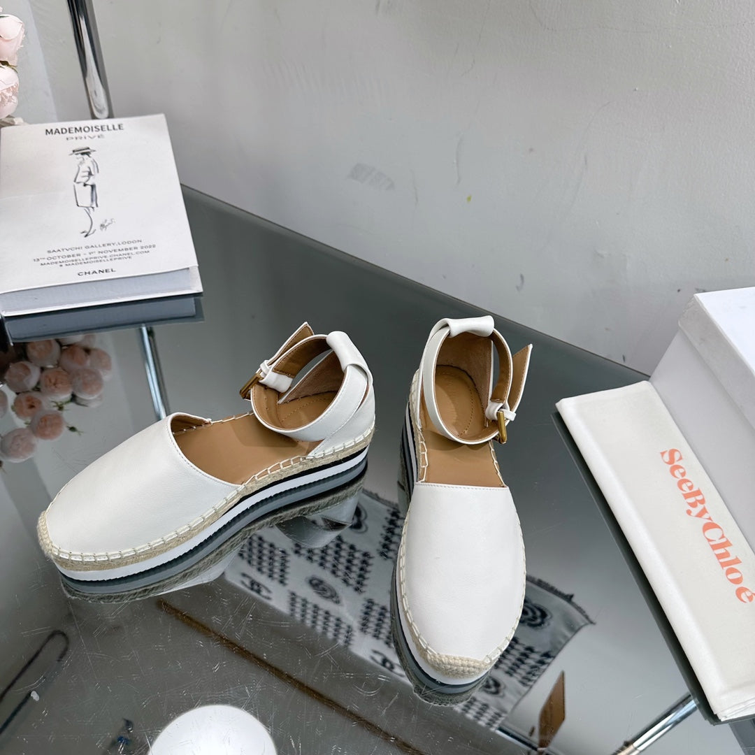 SEE BY ESPADRILLES SANDAL IN WHITE CALFSKIN AND WOVEN RAFFIA