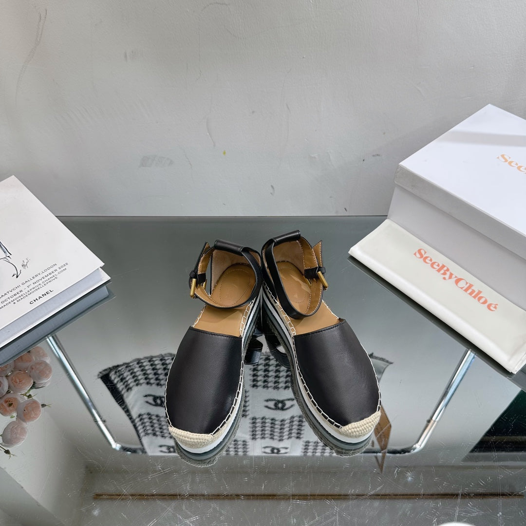 SEE BY ESPADRILLES SANDAL IN BLACK CALFSKIN AND WOVEN RAFFIA